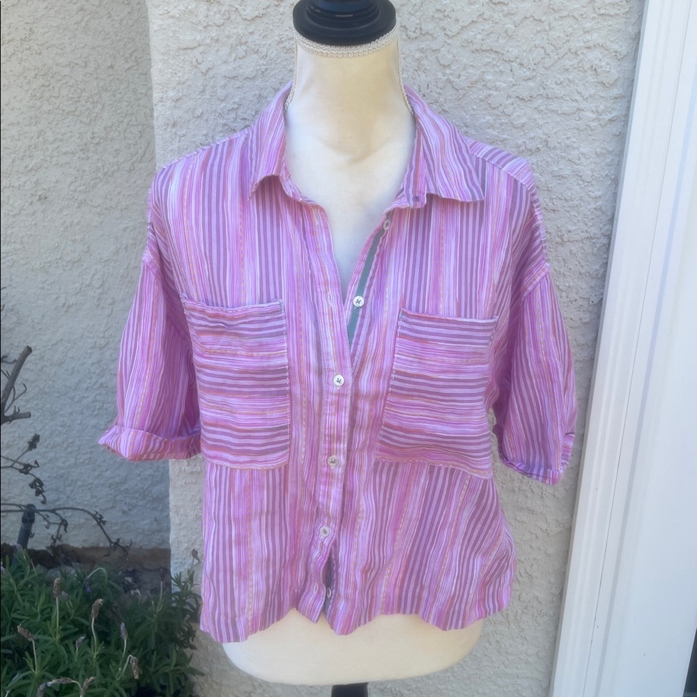 Sundance Women's Pink Striped Crop Button up Shirt Size M - Picture 2 of 9